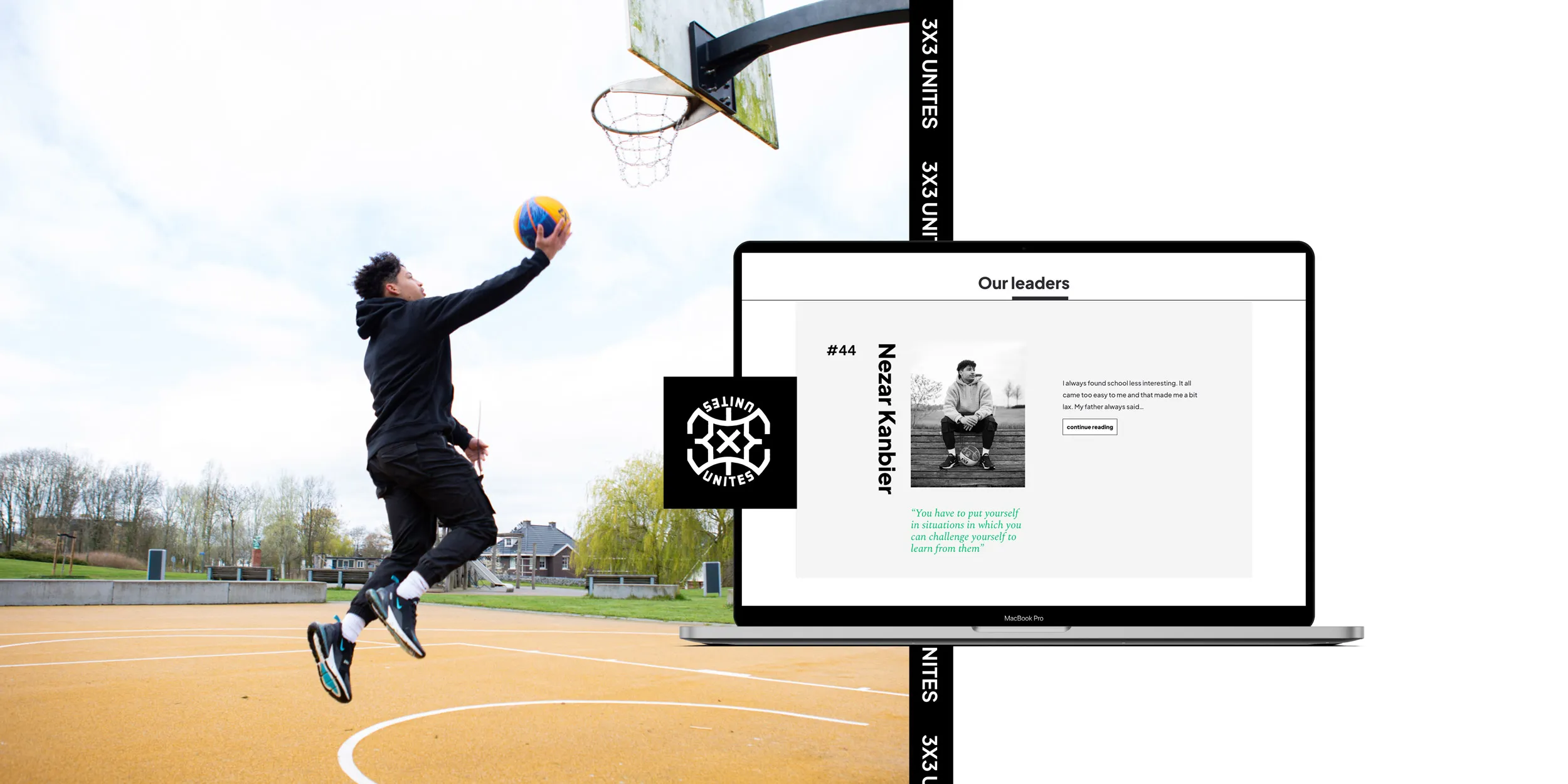 jongen die bal in net gooit. Mockup van laptop met home scherm 3x3 Unites.