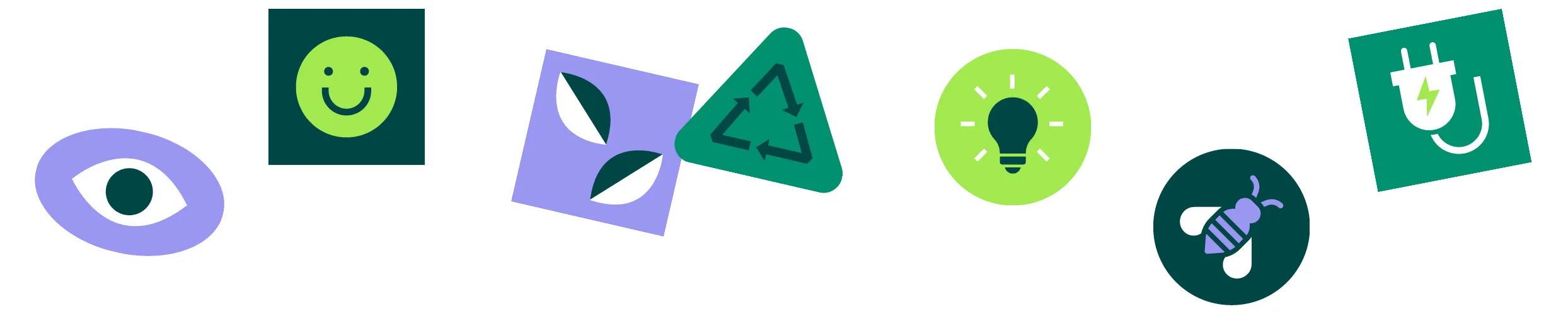 zeven illustraties van Frisse Pitch. Van links naar recht: een oog, blije smiley, twee bladjes, recycle icon, brandende lamp, een bij en een stekker