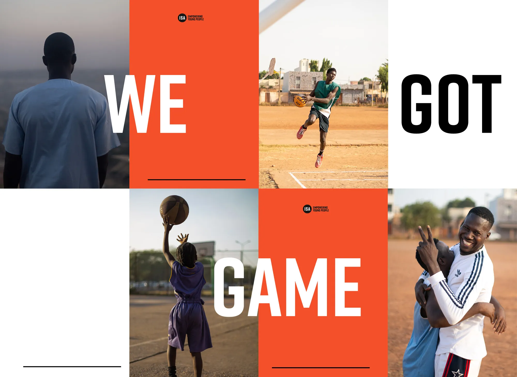 afbeeldingen van jongens die poseren en basketballen voor de camera met: ‘We got game’. met rode vlakken en logo van ISA