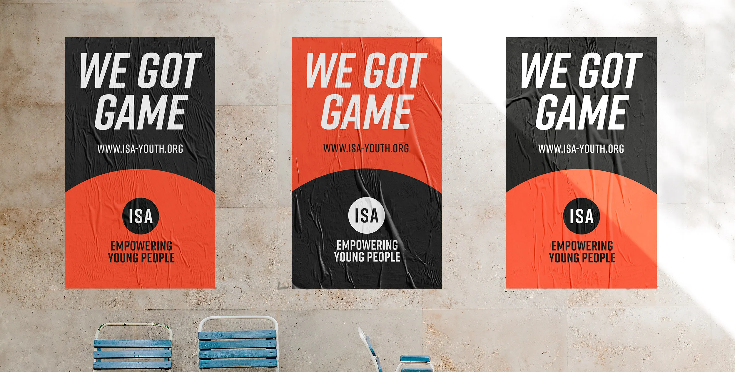 mockup van drie posters ISA met tekst: ’ We got Game, website naam, logo, Empowering young people
