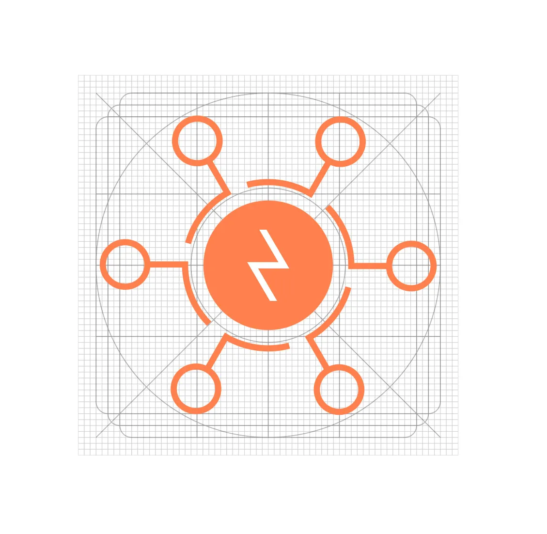oranje icoon van een energienetwerk op een constructieraster, uit de iconenset voor Topsector Energie