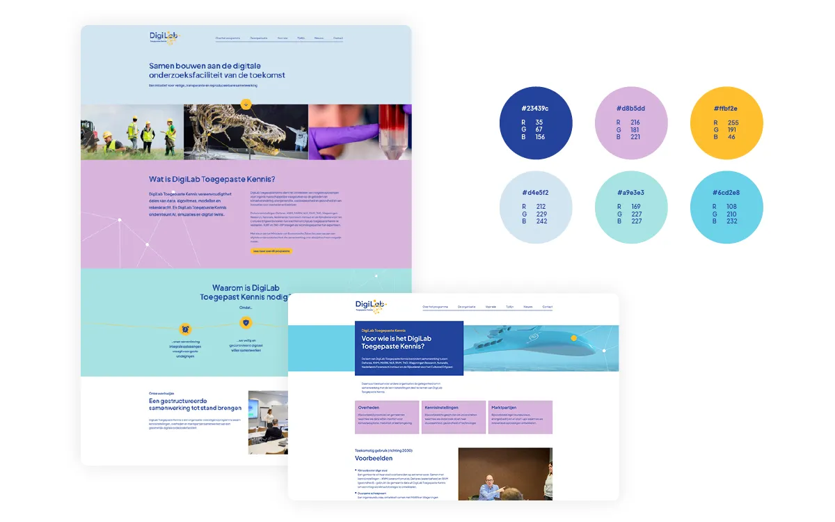 twee pagina’s van de website van DigiLab Toegepaste Kennis, met het kleurenpalet ernaast