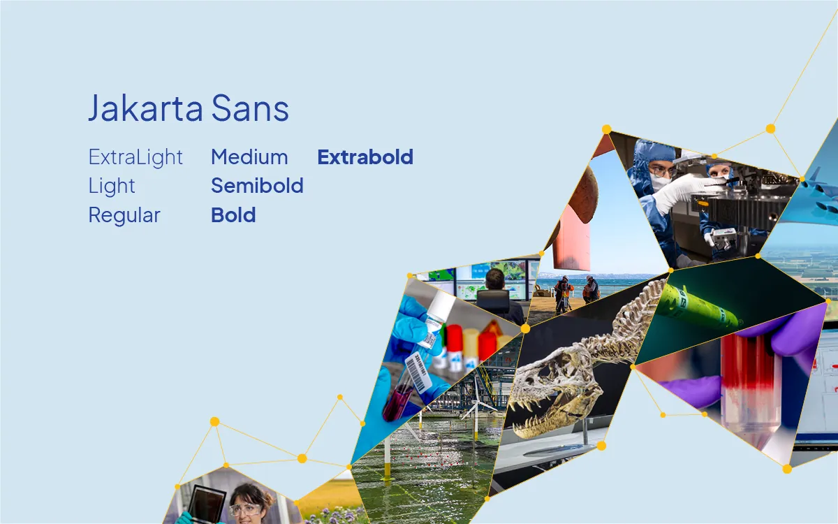 lettertype Jakarta Sans in zes diktes en een collage van onderzoeksfoto’s, voor DigiLab Toegepaste Kennis