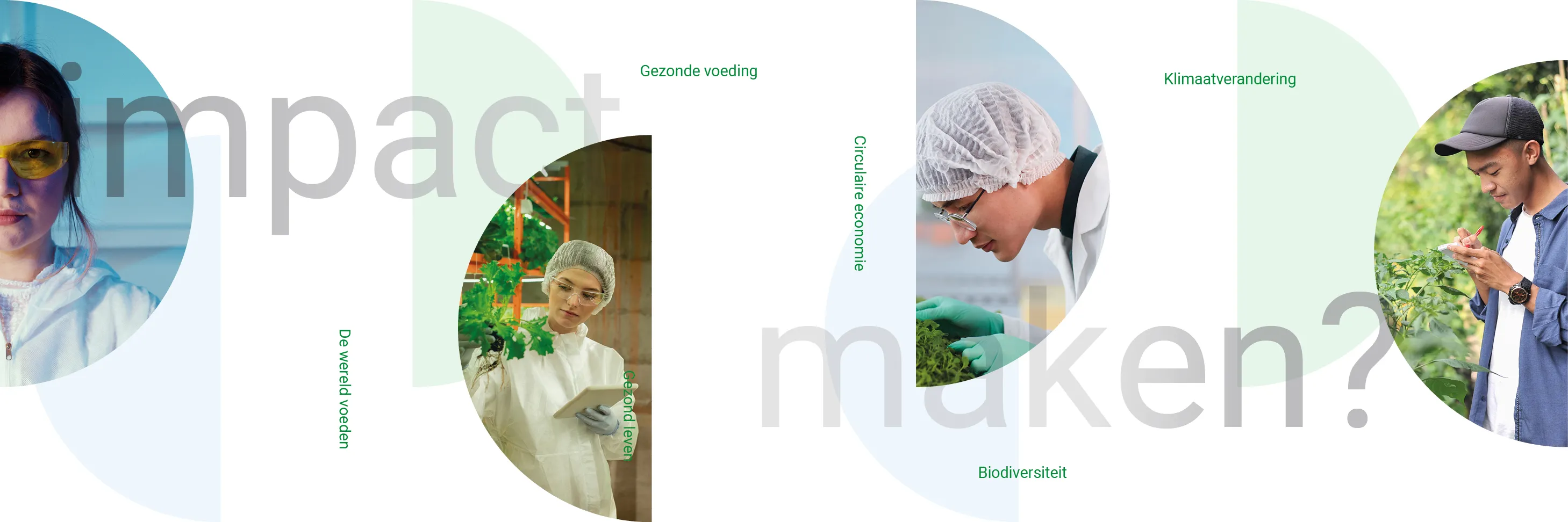 advertentie ‘impact maken?’ met onderzoekers in halve cirkels en de thema’s gezonde voeding, circulaire economie, klimaatverandering en biodiversiteit, voor Wageningen Food & Biobased Research