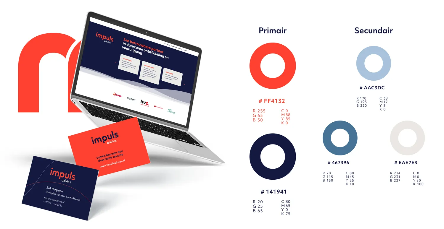 Huisstijl Impuls. links mockup laptop van website, visitekaartje en logo. rechts kleuren schema en kleurencodes
