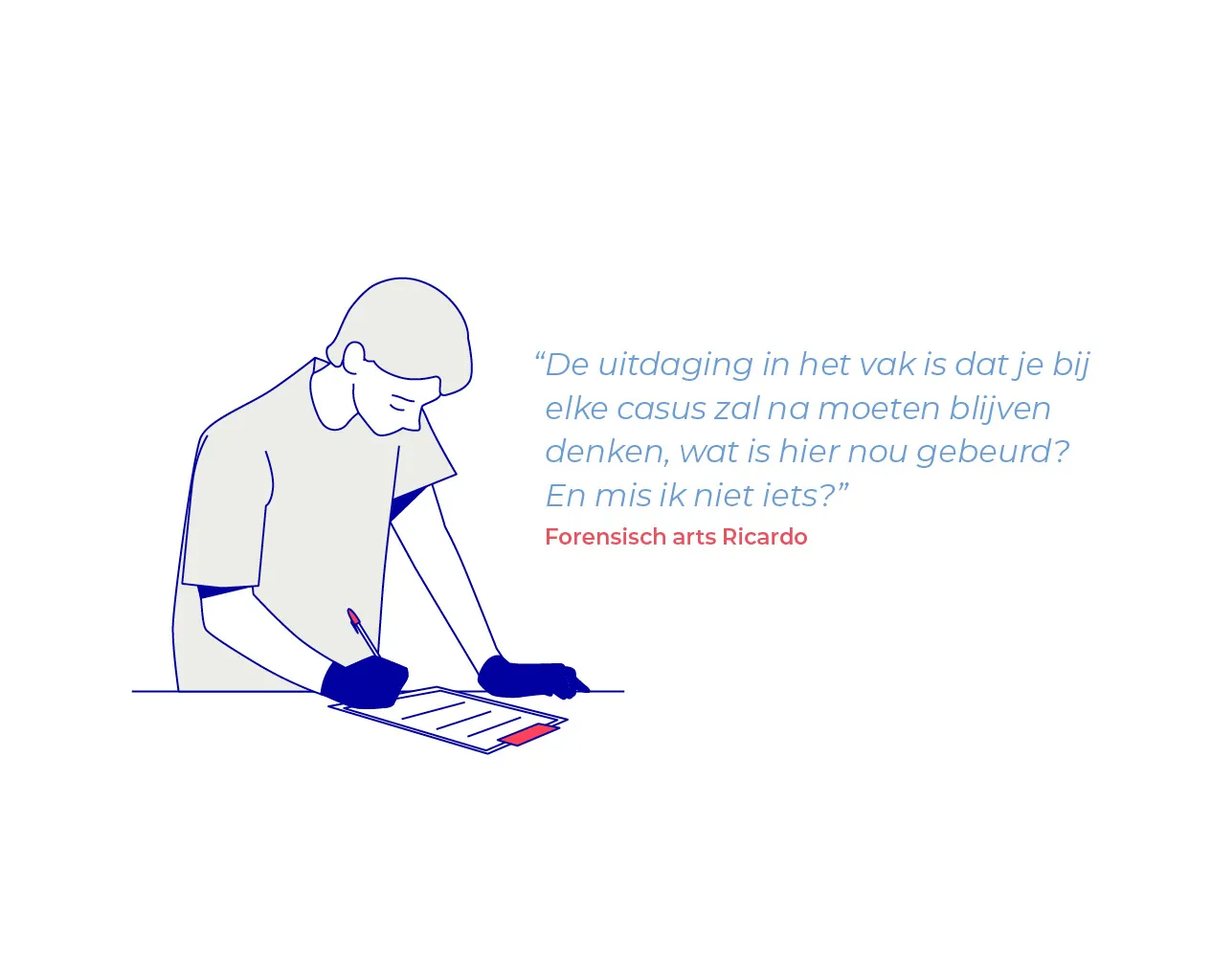 GGD GHOR qoute: ’ De uitdaging in het vak is dat je bij elke casus na moet blijven denken, wat is hier nou gebeurd? en mis ik niet iets? Forensische art Ricardo’ met een illustratie van zorg medewerker die schrijft
